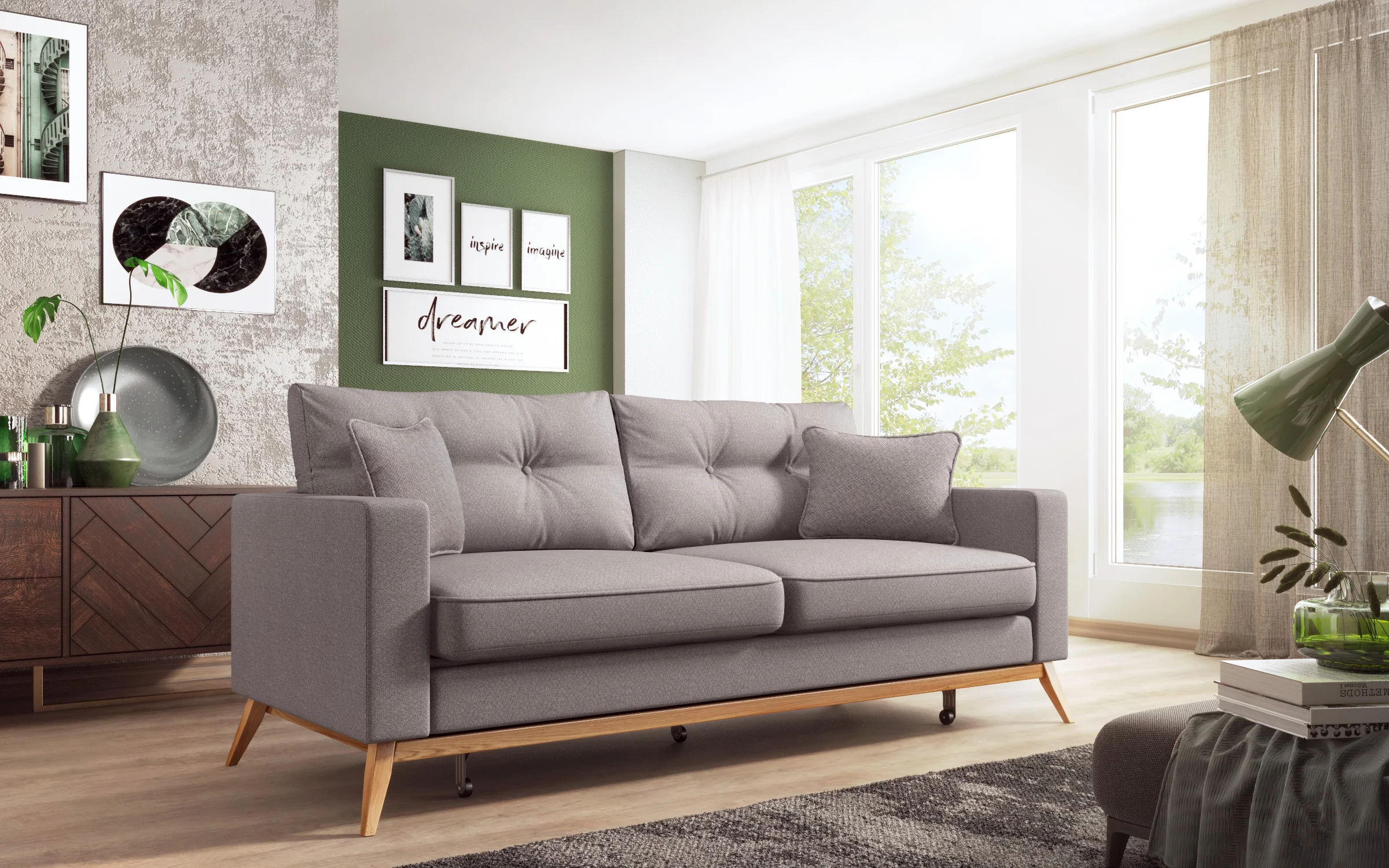 Scandinavian style grey couch with tufted cushions and wooden legs in a contemporary living room interior 3d visualization