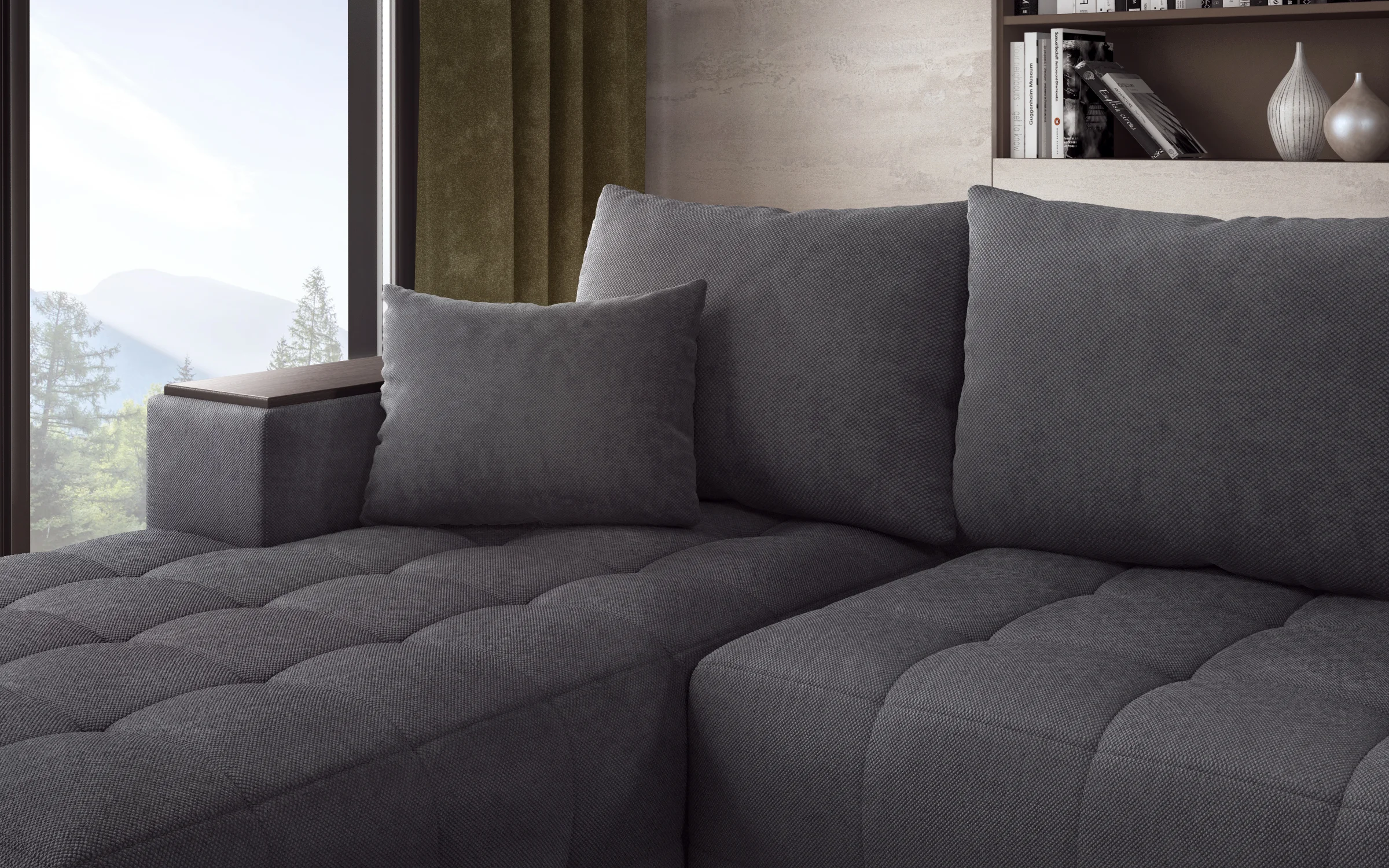 Large Sectional sofa with integrated shelving in a modern living room interior 3D visualization - detail 4