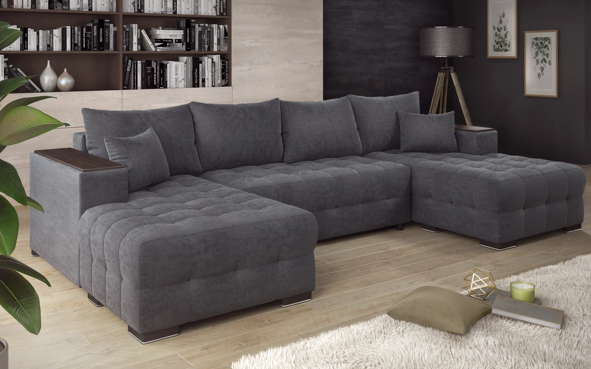 Large Sectional sofa with integrated shelving in a modern living room interior 3D visualization - detail 3