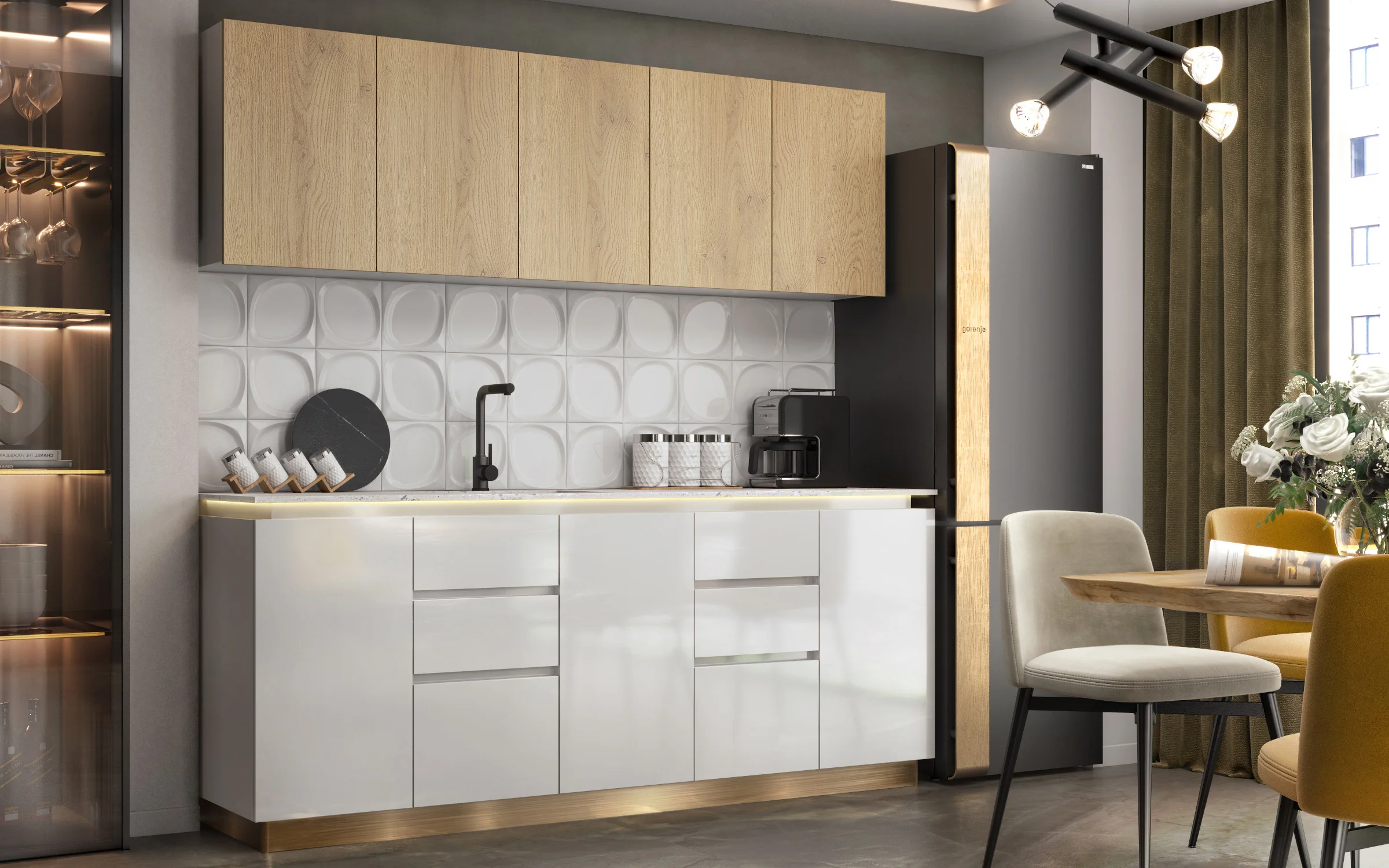 High-end kitchen visualization with white gloss and oak cabinets with LED lighting in modern interior