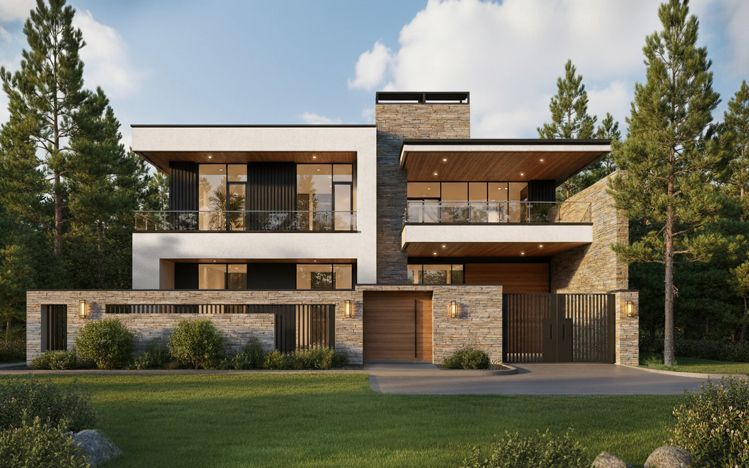 Exterior visualization of a high-end villa featuring stone walls, white plaster, and a private gated driveway in a forest setting.