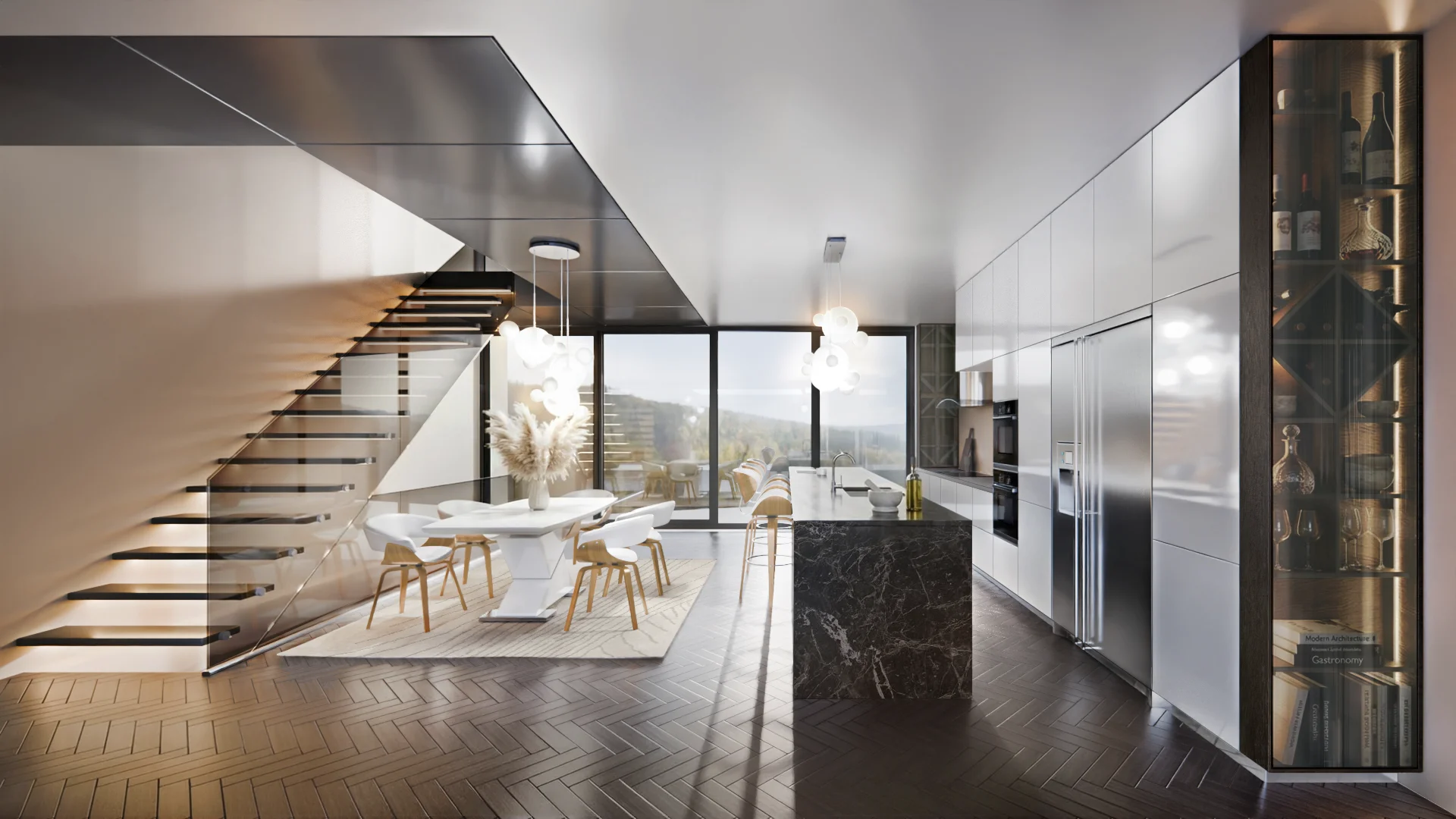 Modern luxury kitchen and dining room interior with open-plan layout, marble island, and contemporary architectural staircase.