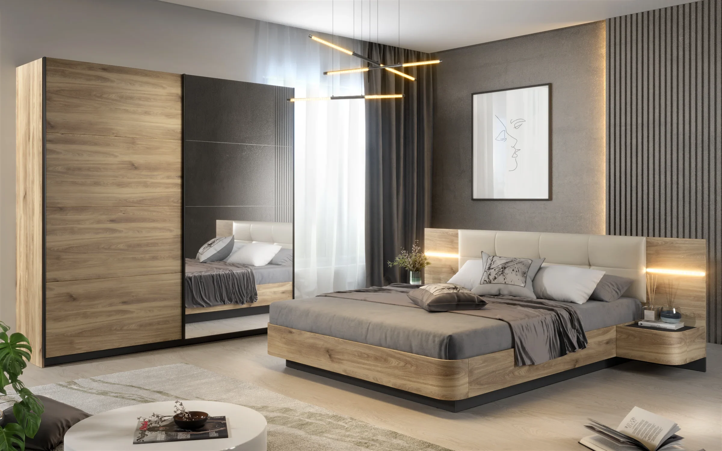 Modern luxury bedroom furniture with large mirrored wardrobe made of oak wood 3D visualization