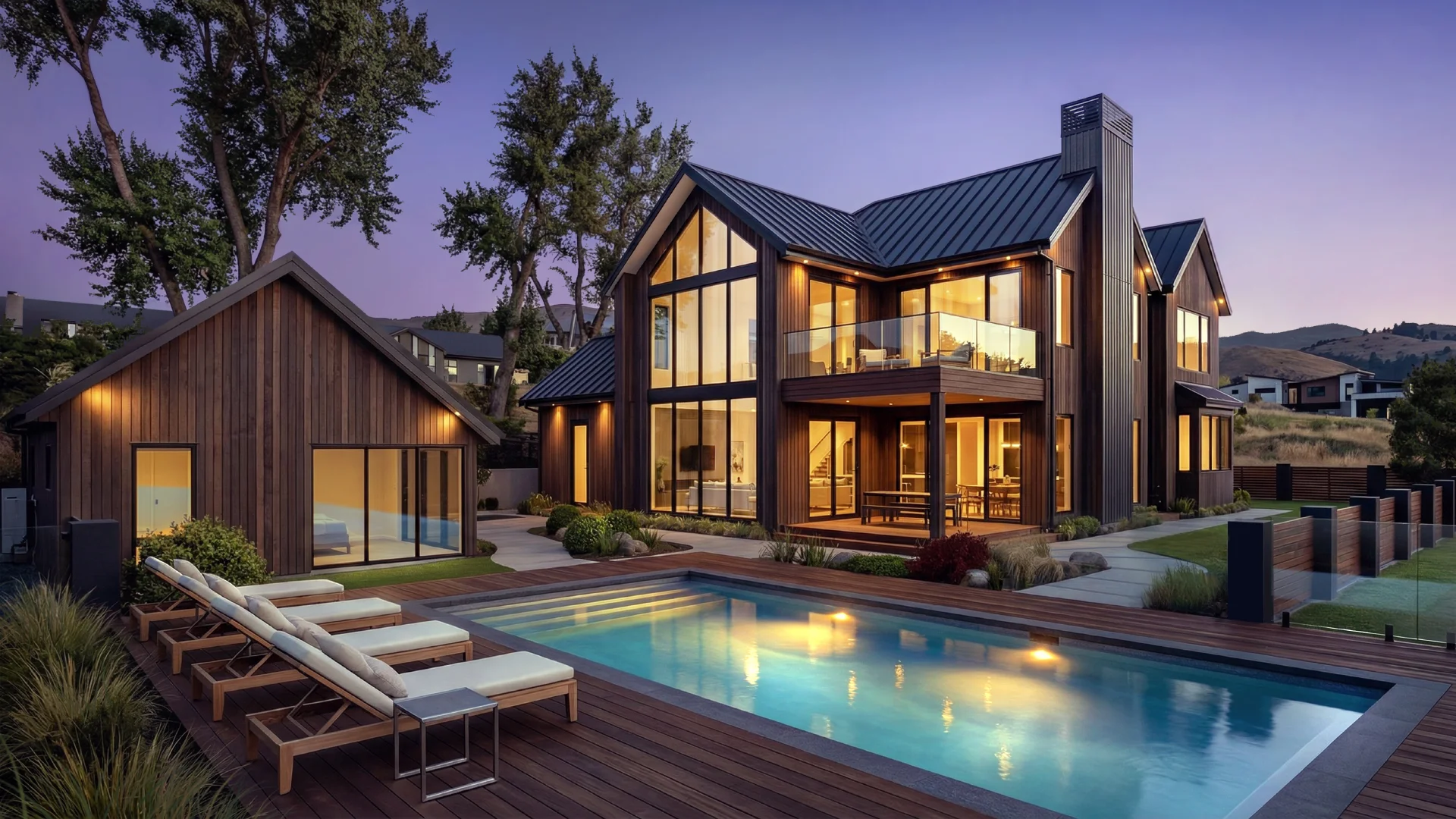 3D visualization of a modern contemporary luxury villa with an illuminated infinity pool, wooden deck, and atmospheric twilight lighting.