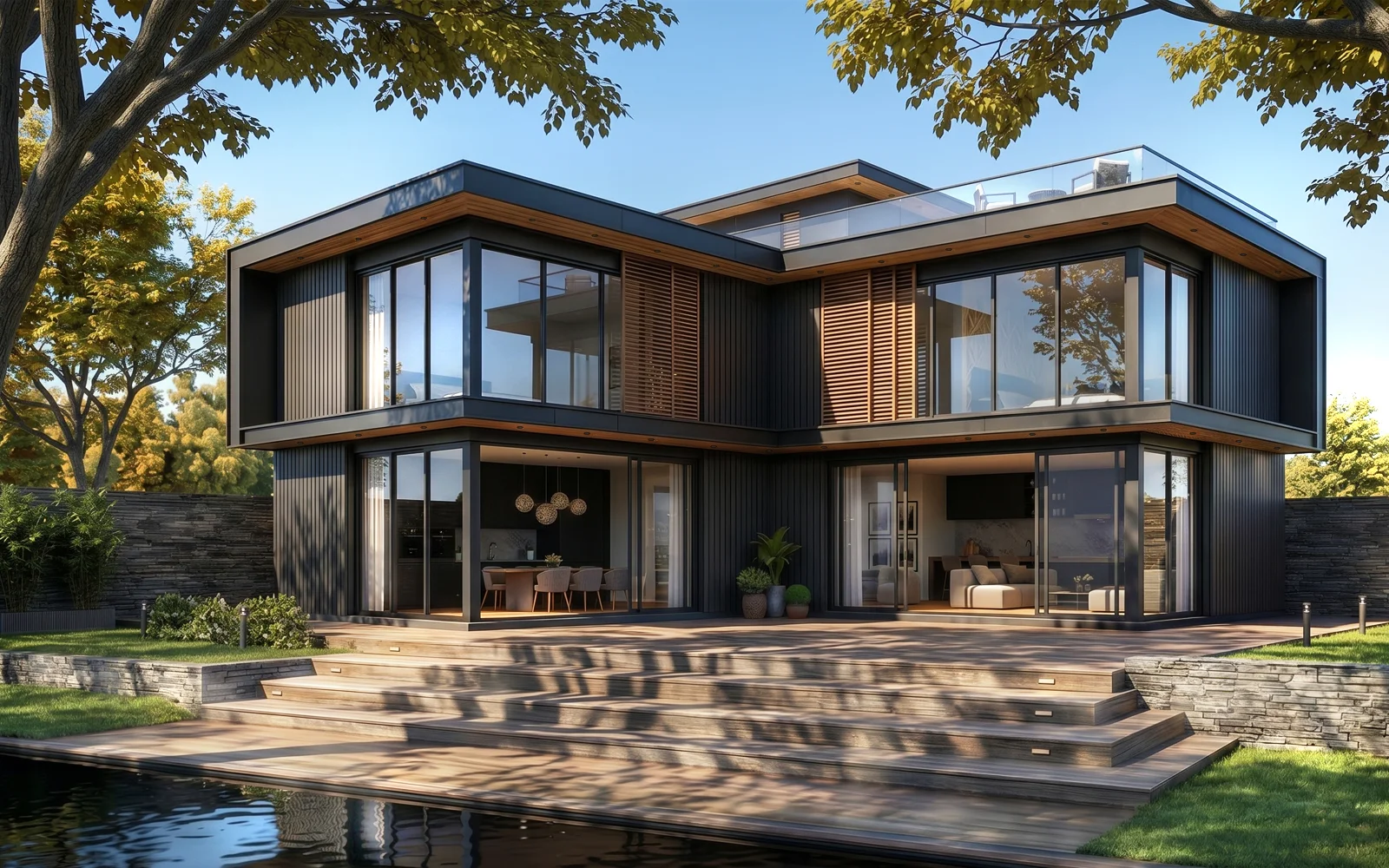 Modern luxury villa with black facade and wood accents near a pool Architectural 3D Visualization