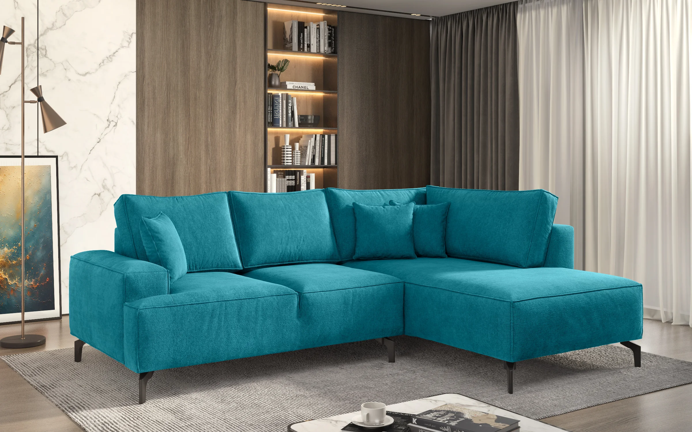 High-end living room interior design featuring a contemporary vibrant turquoise corner sofa and integrated shelving