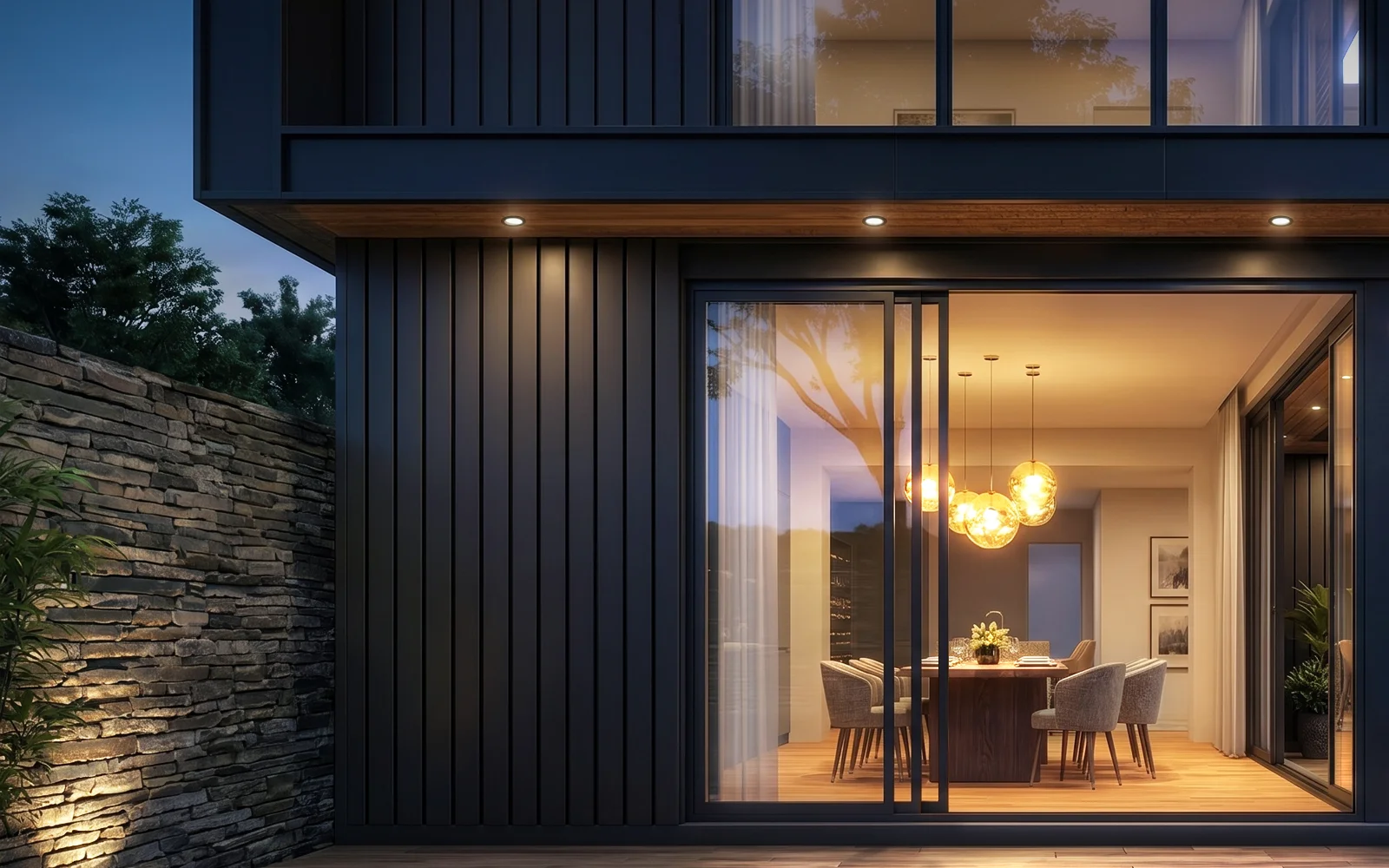Contemporary Black Steel & Timber Residence at Night - detail 2