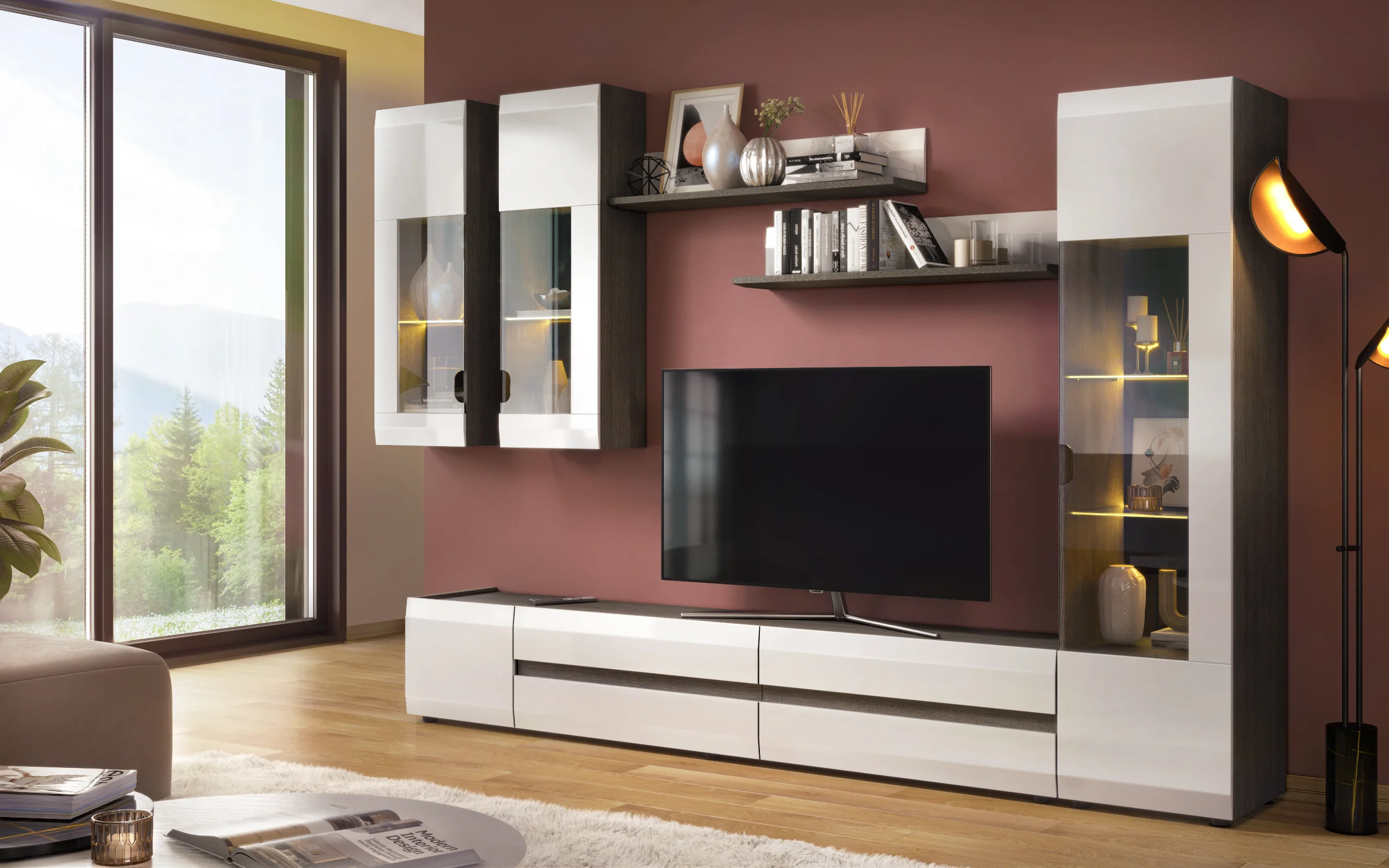 Modern living room modular furniture TV set with white high-gloss cabinets, dark wood and integrated LED lighting.