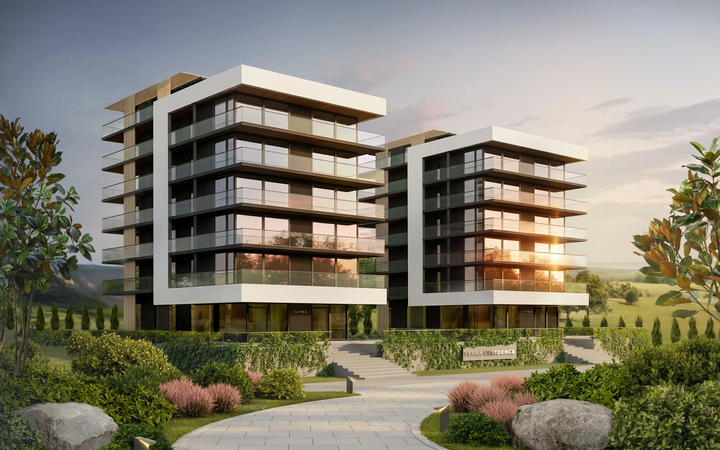 Architectural rendering of a modern twin building complex featuring white concrete frames, glass balconies, and landscape design at sunset.