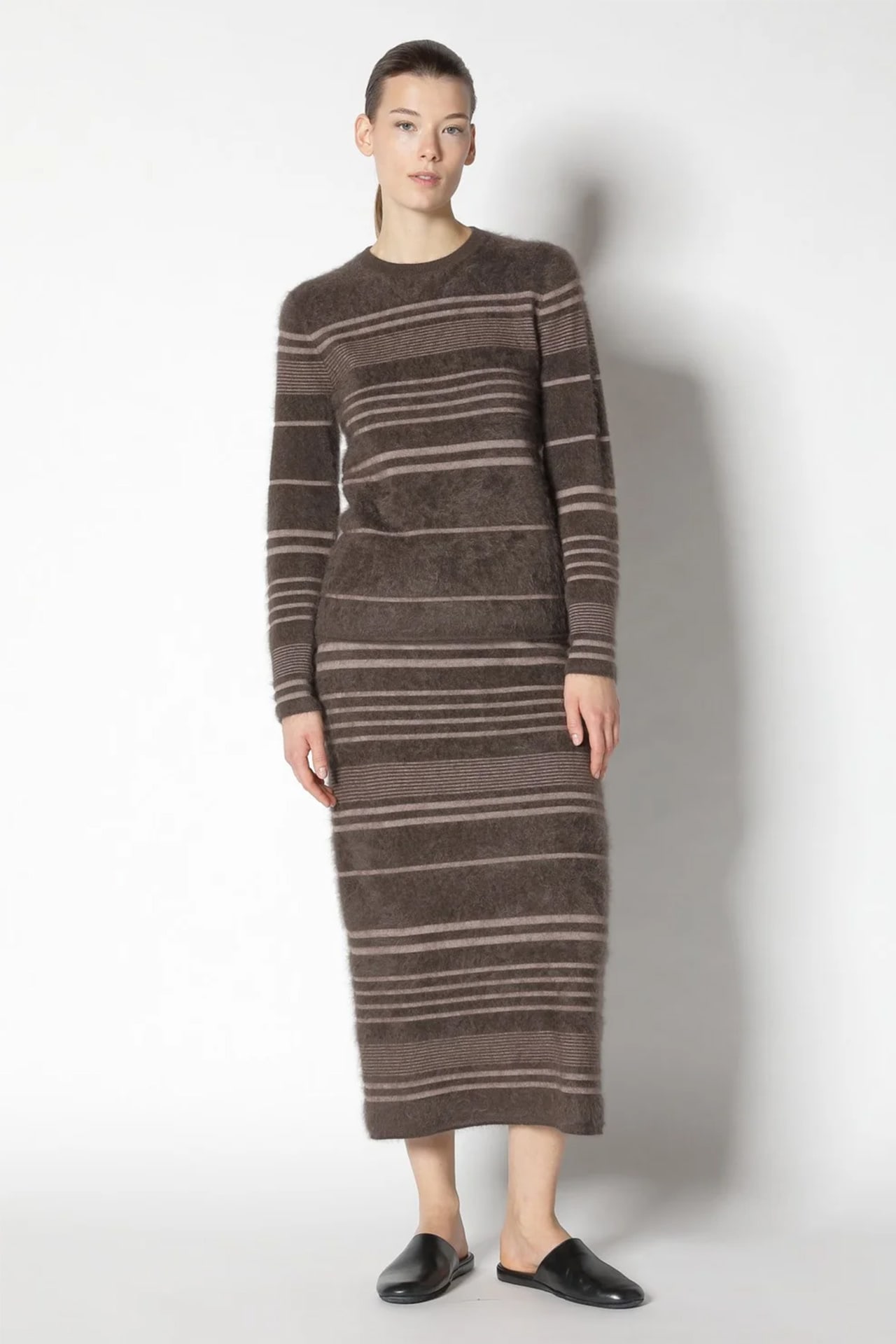 Sminfinity,furry striped crew jumper, furry striped maxi skirt, cashmere