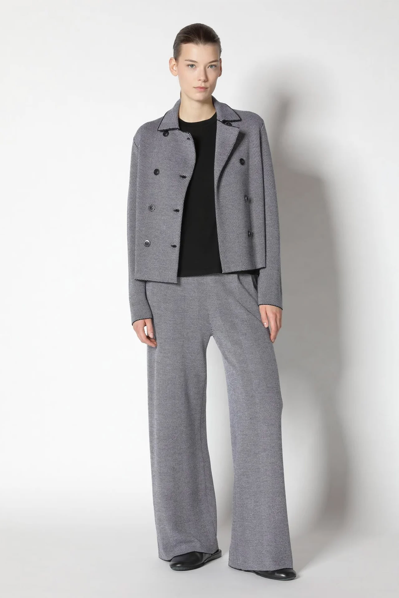 Sminfinity herringbone cropped jacket, herrinbone pleated palazzo pant, merino wool