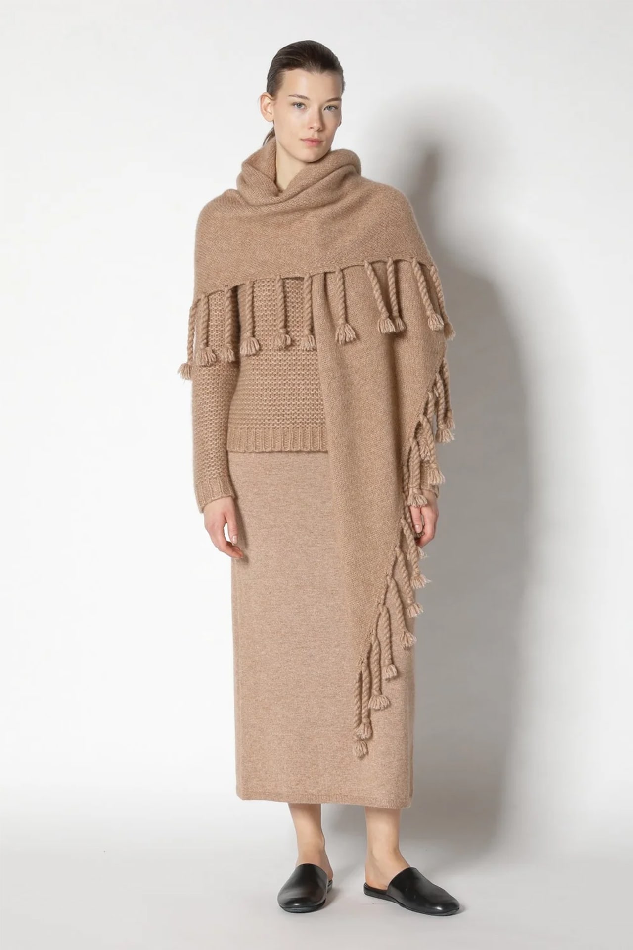 Sminfinity fluffy triangle , handtwisted tussels , cashmere, furry striped maxi skirt, cashmere