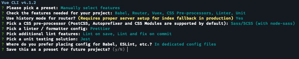 opciones vue cli seleccionadas