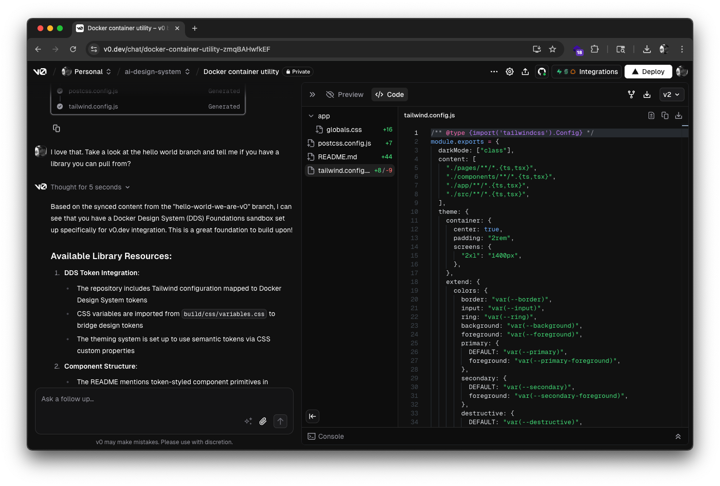 v0.dev interface generating Docker-branded prototypes