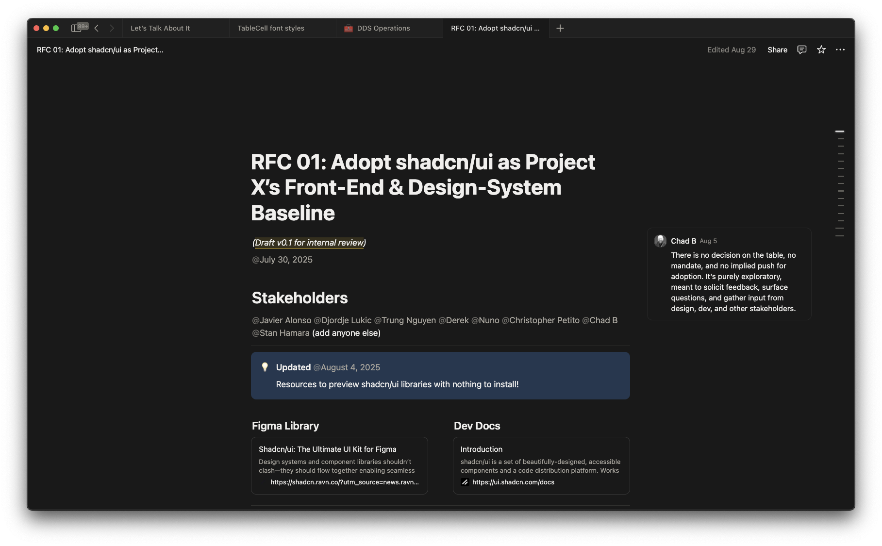 RFC screenshot: Team discussion and evaluation process around shadcn/ui migration