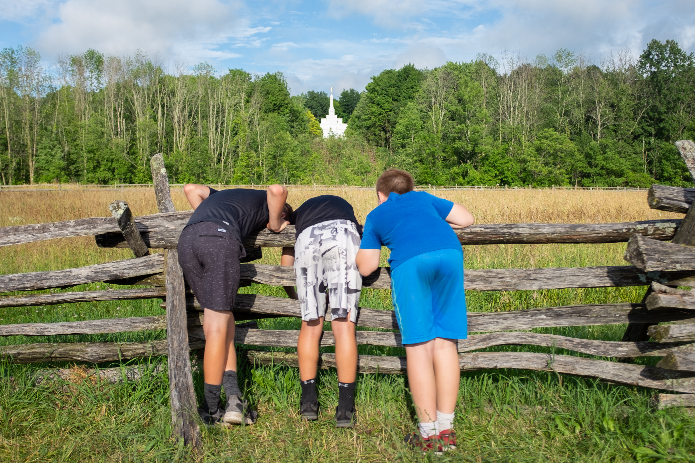 Tourists taking a picture of the Palmyra New York Temple from The Smith Family Farm, 2019 