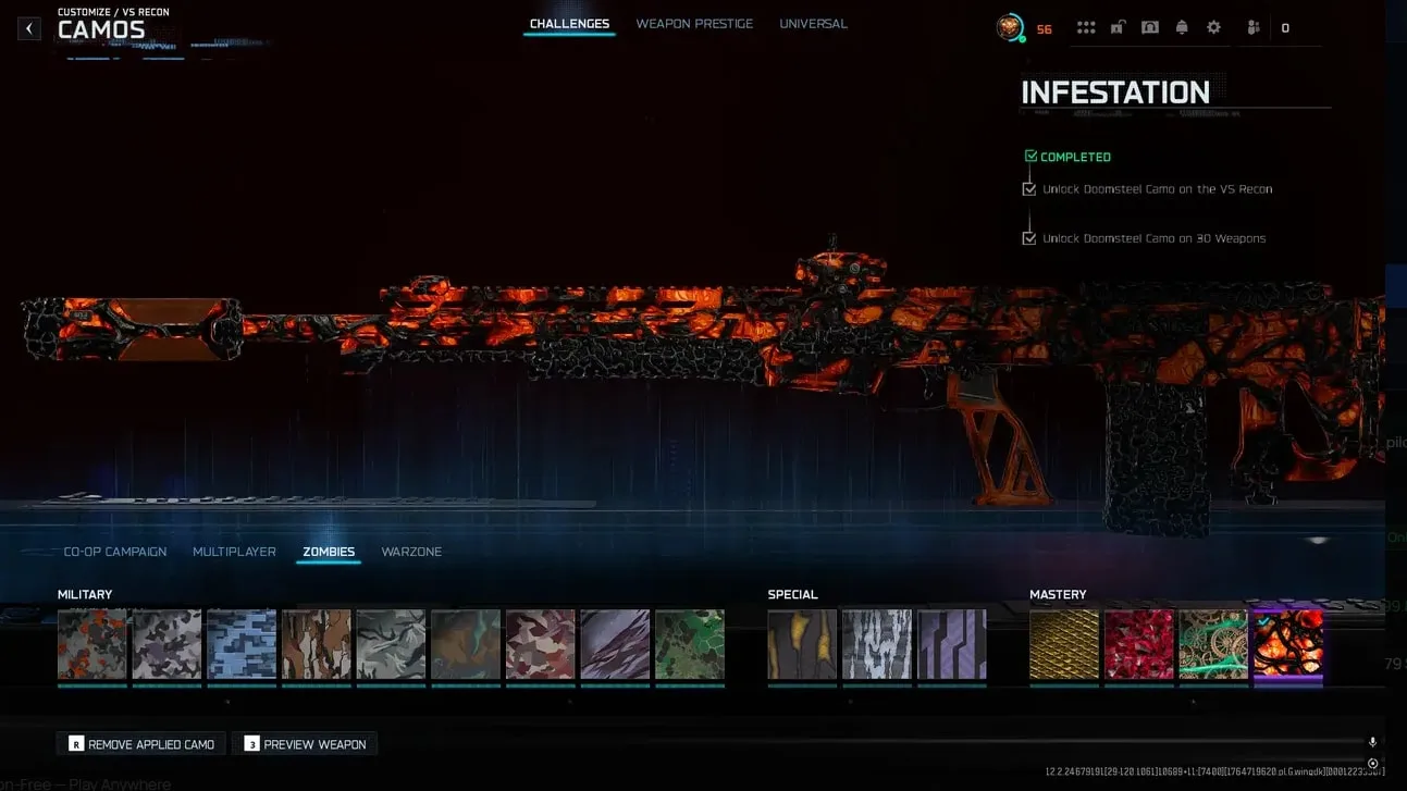 🔥 BO7/WZ | 2× Mastery Camos: Singularity + Infestation | Level 56 | Elite Account