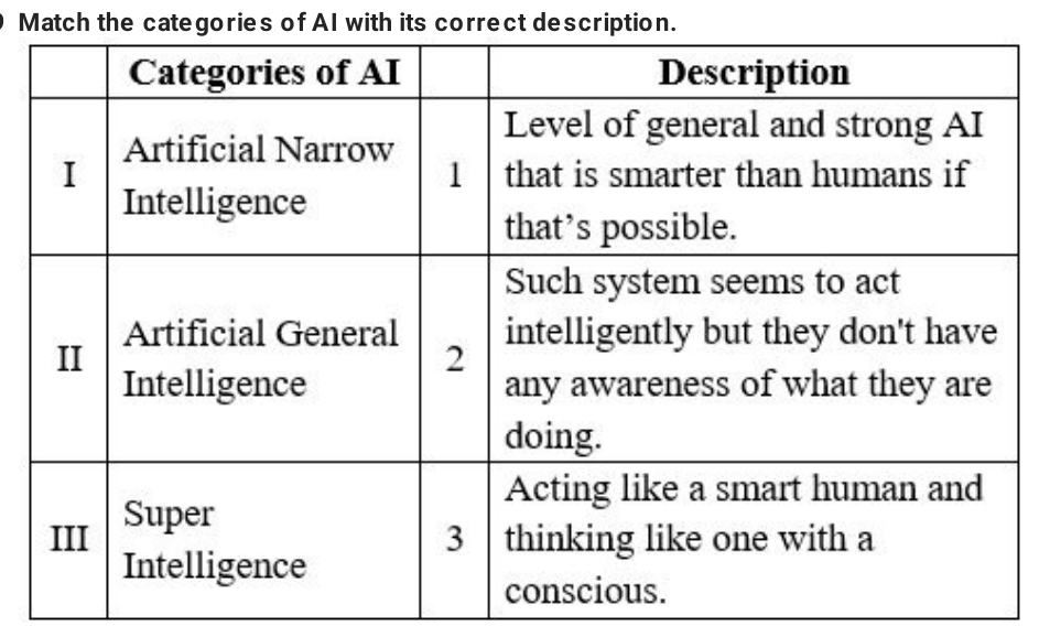 Match the categories of AI with its correct description.