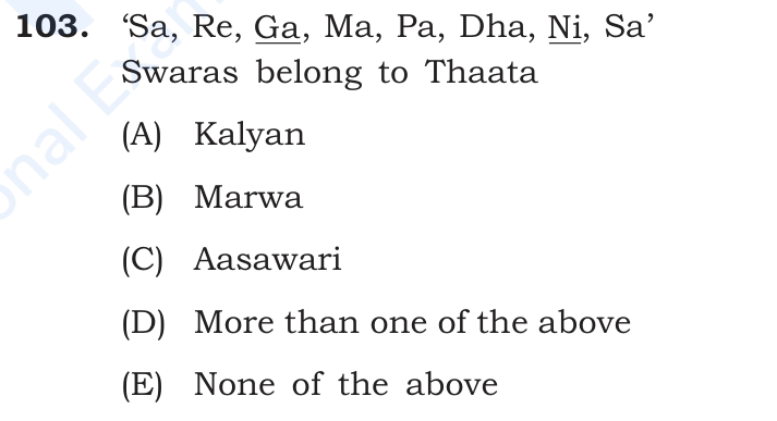 'Sa, Re, Ga (komal), Ma, Pa, Dha, Ni (komal), Sa' Swaras belong to Thaata