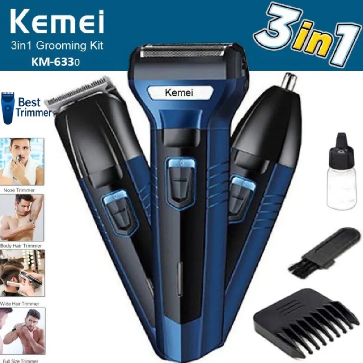 Kemei KM-6330 (3 in 1) Shaver, Hair, Beard And Nose Trimmer
