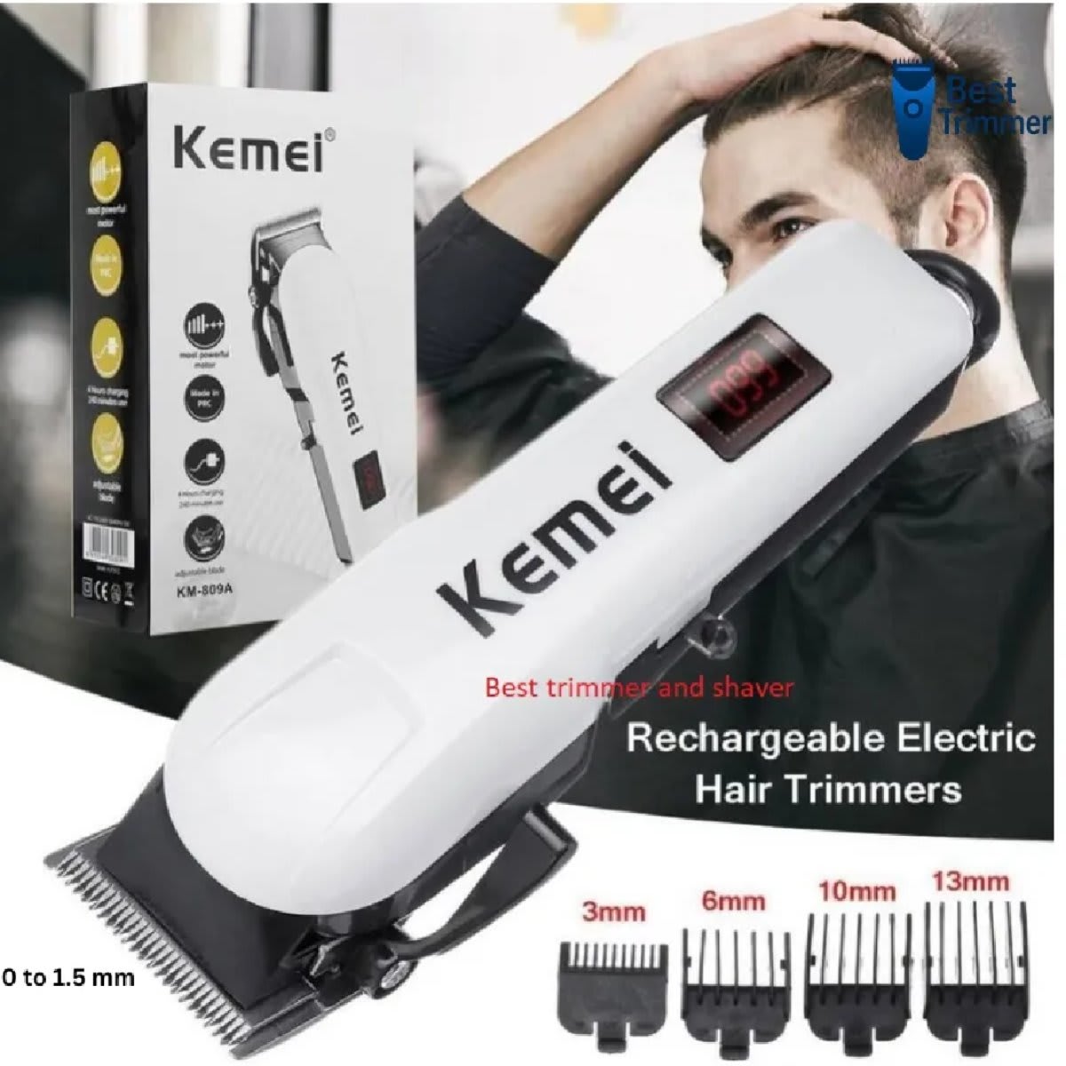 Kemei KM-809A Digital Professional Rechargeable Hair Clipper Trimmer