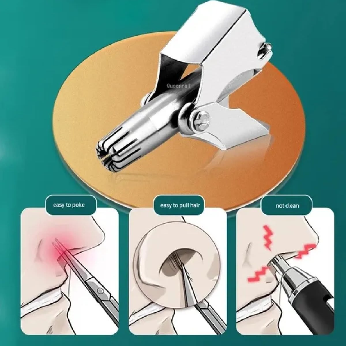 Manual Stainless Steel Nose Hair Trimmer - Painless & Safe Nose & Ear Hair Clipper with Cleaning Brush - 3