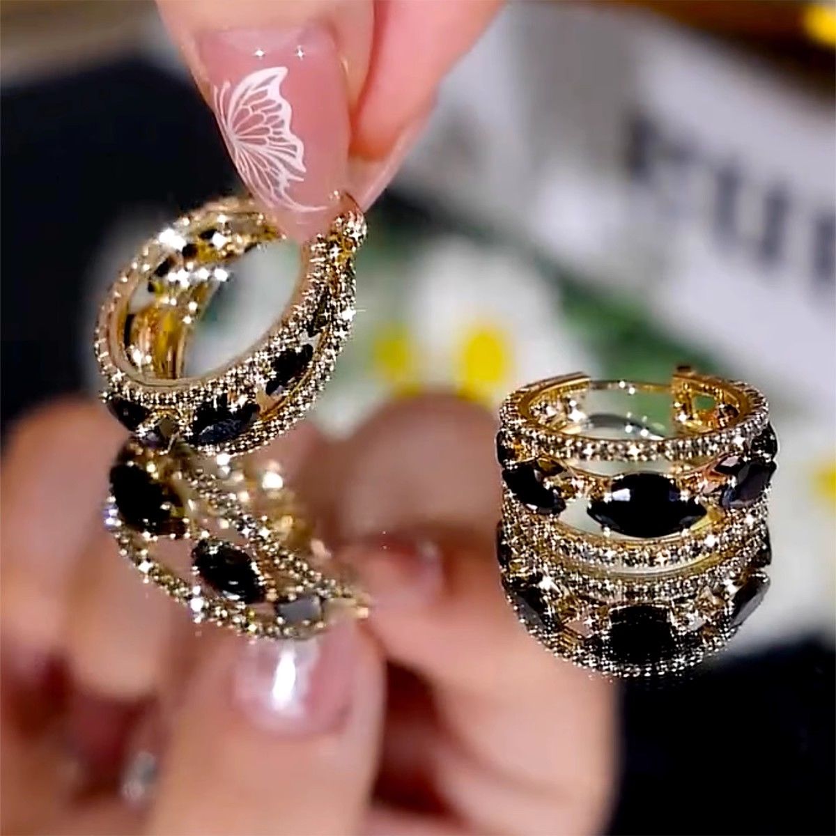 Vintage Black Crystal Hoop Earrings – Gold Plated Luxury Design - 2