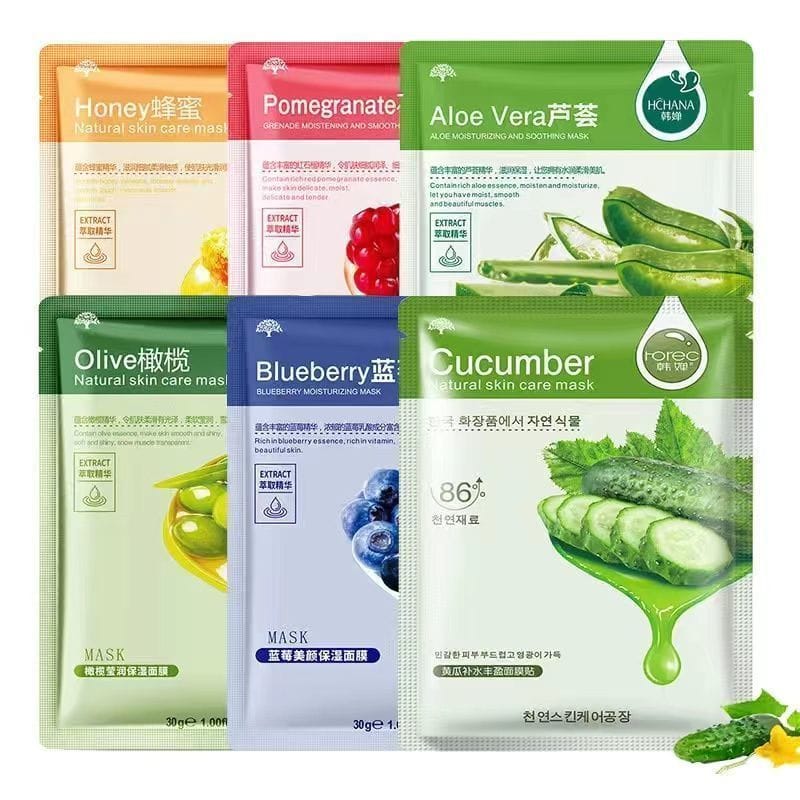 Natural Fruit Extract Sheet Mask (Honey, Aloe Vera, Pomegranate, Olive, Blueberry & Cucumber)