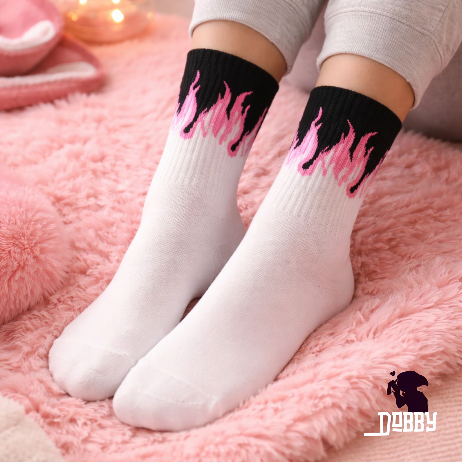 Pink Flame Black Top White Socks