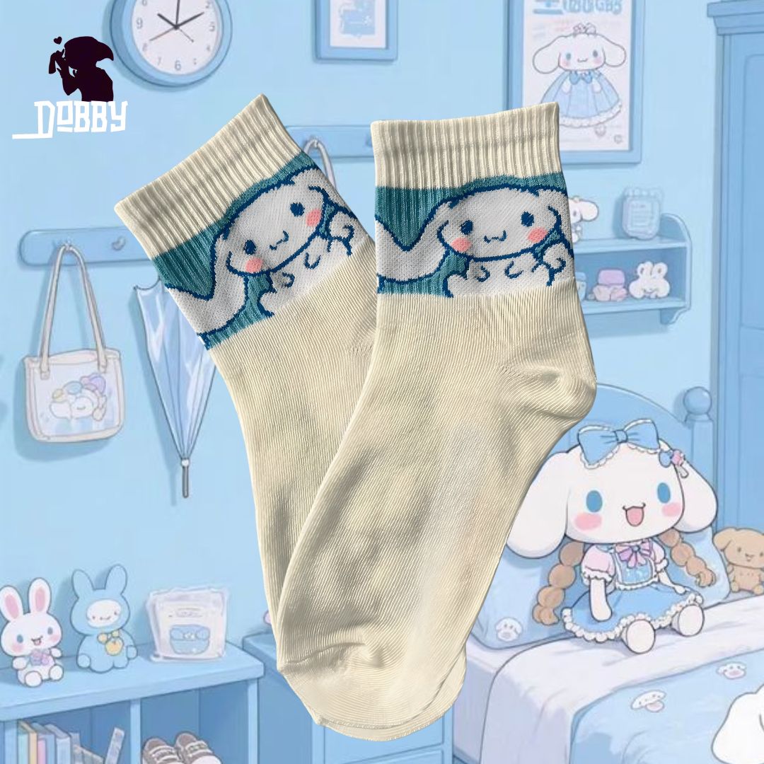 Sanrio Cinnamon Roll Blue Ribbed White Socks