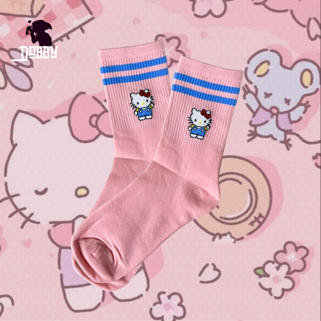 Sanrio Hello Kitty Blue Stripe Pink Socks