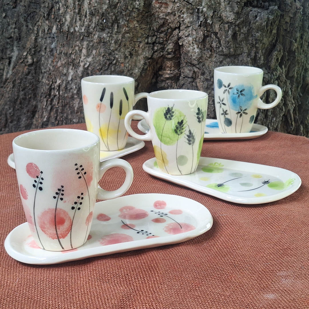 Taza Flauta y Platito Acuarela Planta