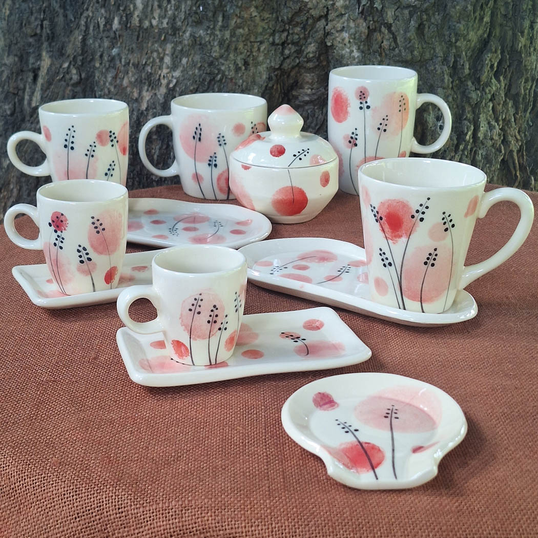 Combo Chocolatera Tazón Tazas Platitos Azucarera y Posa Cuchara Acuarela Planta - 3