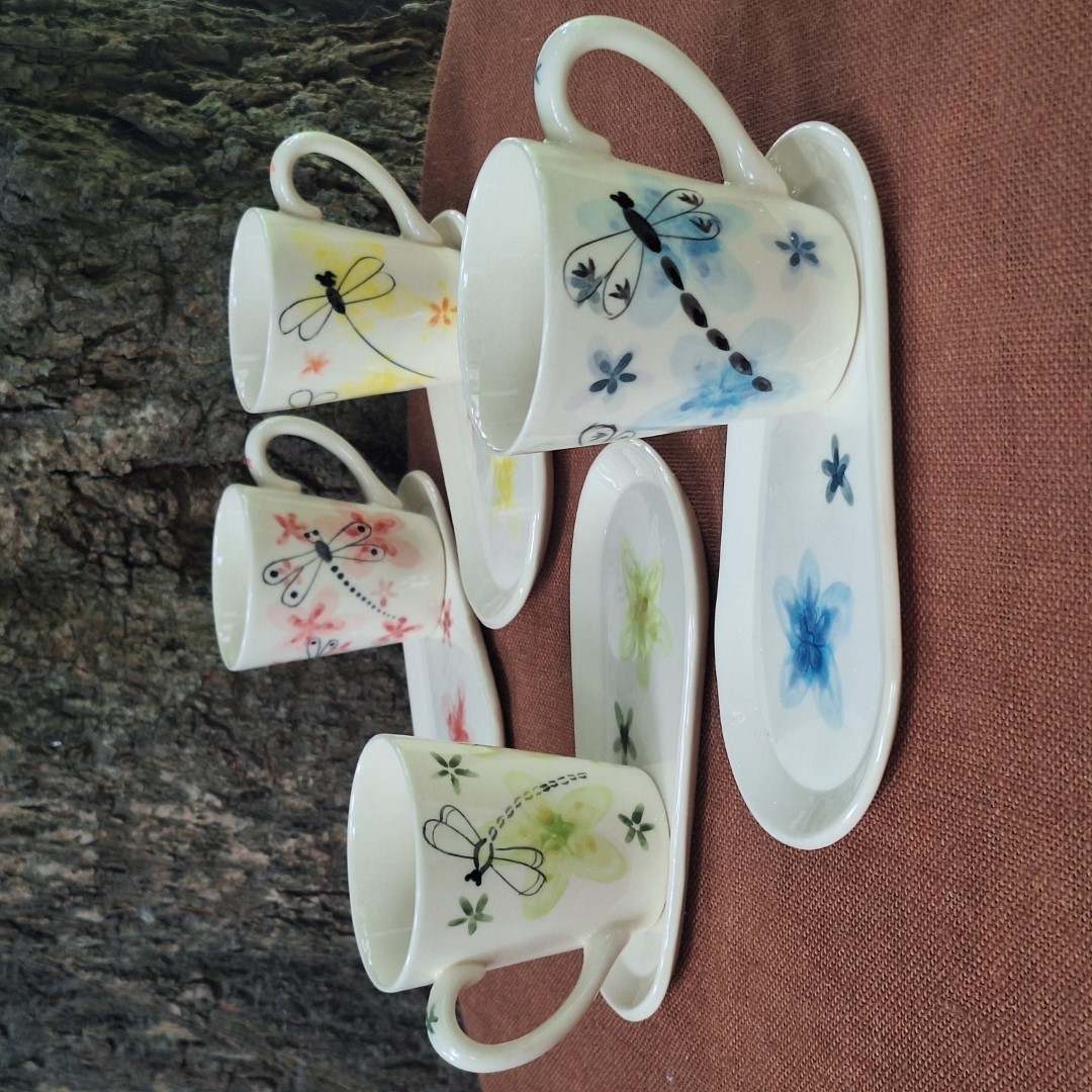 Taza Cónica y Platito Acuarela Libélula