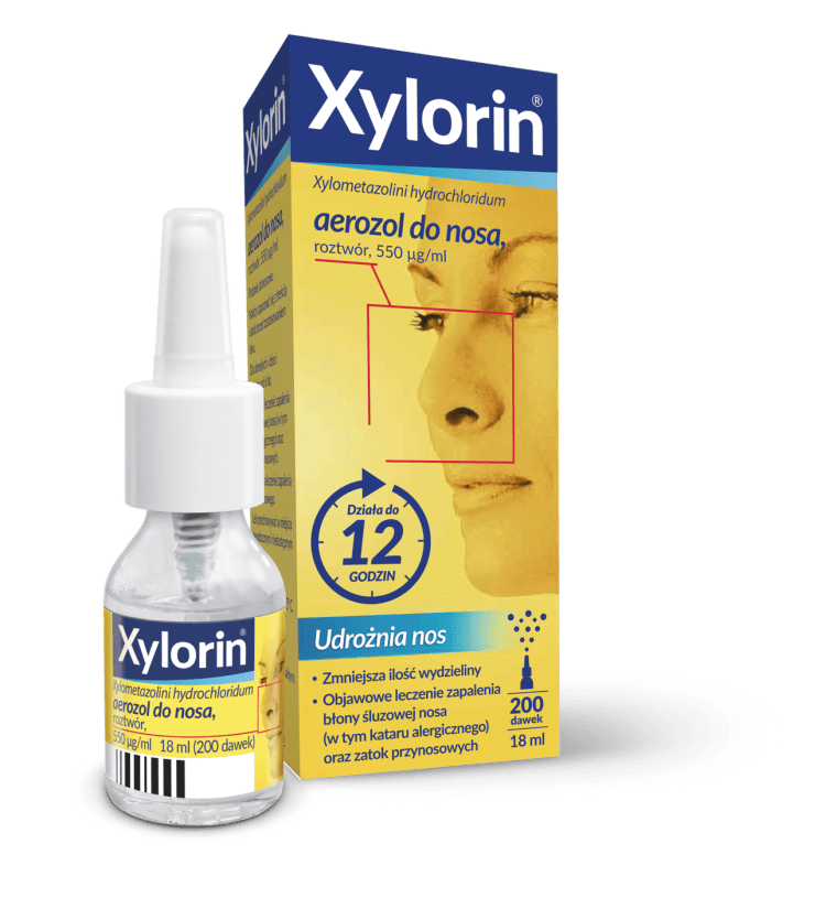 Xylorin — opakowanie kartonowe i butelka aerozolu do nosa