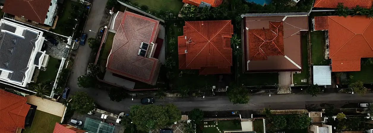 Aerial view of a colorful Cyprus neighborhood on a sunny day