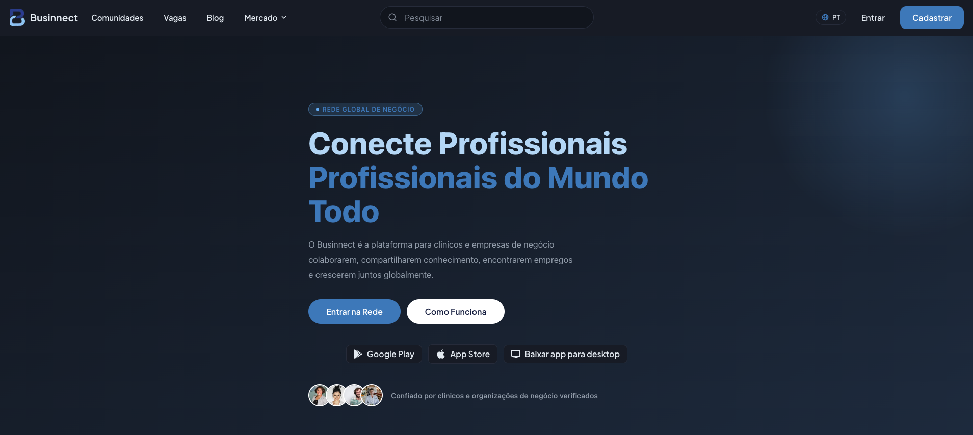 Procuramos pessoas para construir a Businnect — a plataforma de negócios internacional que conecta empresários e profissionais verificados