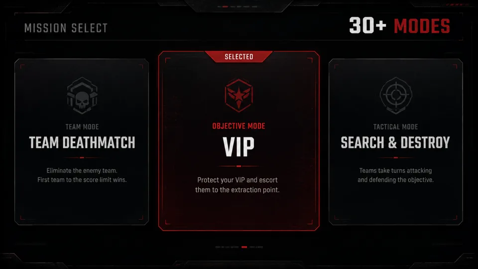 MENACE ARENA mission selection showing Team Deathmatch, VIP, and Search and Destroy game mode cards
