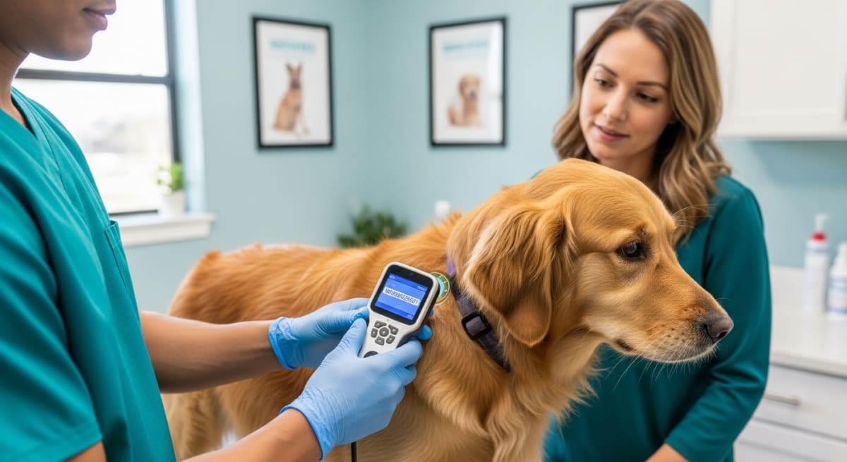 Veterinarian scanning a golden retriever with a microchip reader showing ID number on display