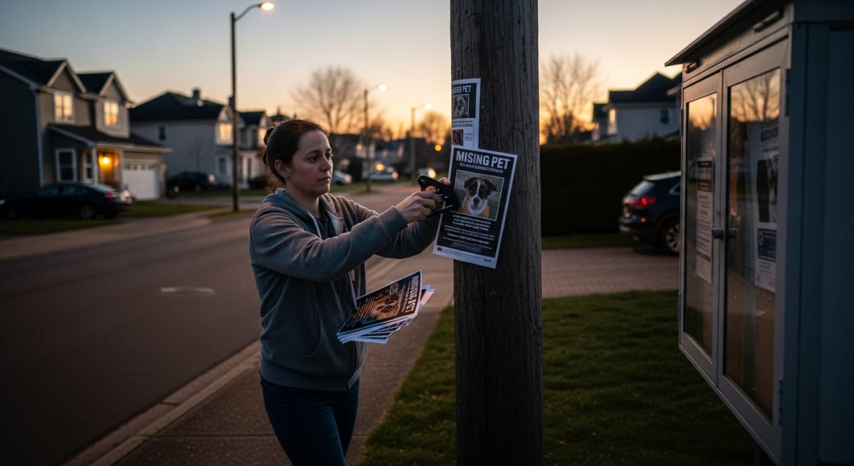 Pet owner searching under a deck with flashlight looking for lost cat