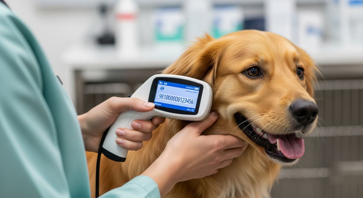 Veterinarian scanning a dog's microchip with a handheld scanner displaying the identification number