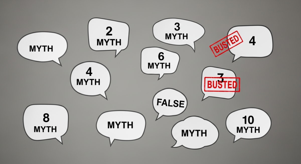Ten myth bubbles being debunked with false stamps, representing common misconceptions being corrected