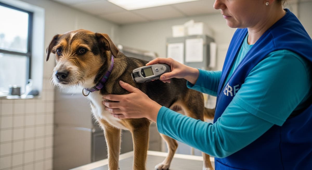 Shelter volunteer scanning a lost dog for a microchip using a handheld scanner device