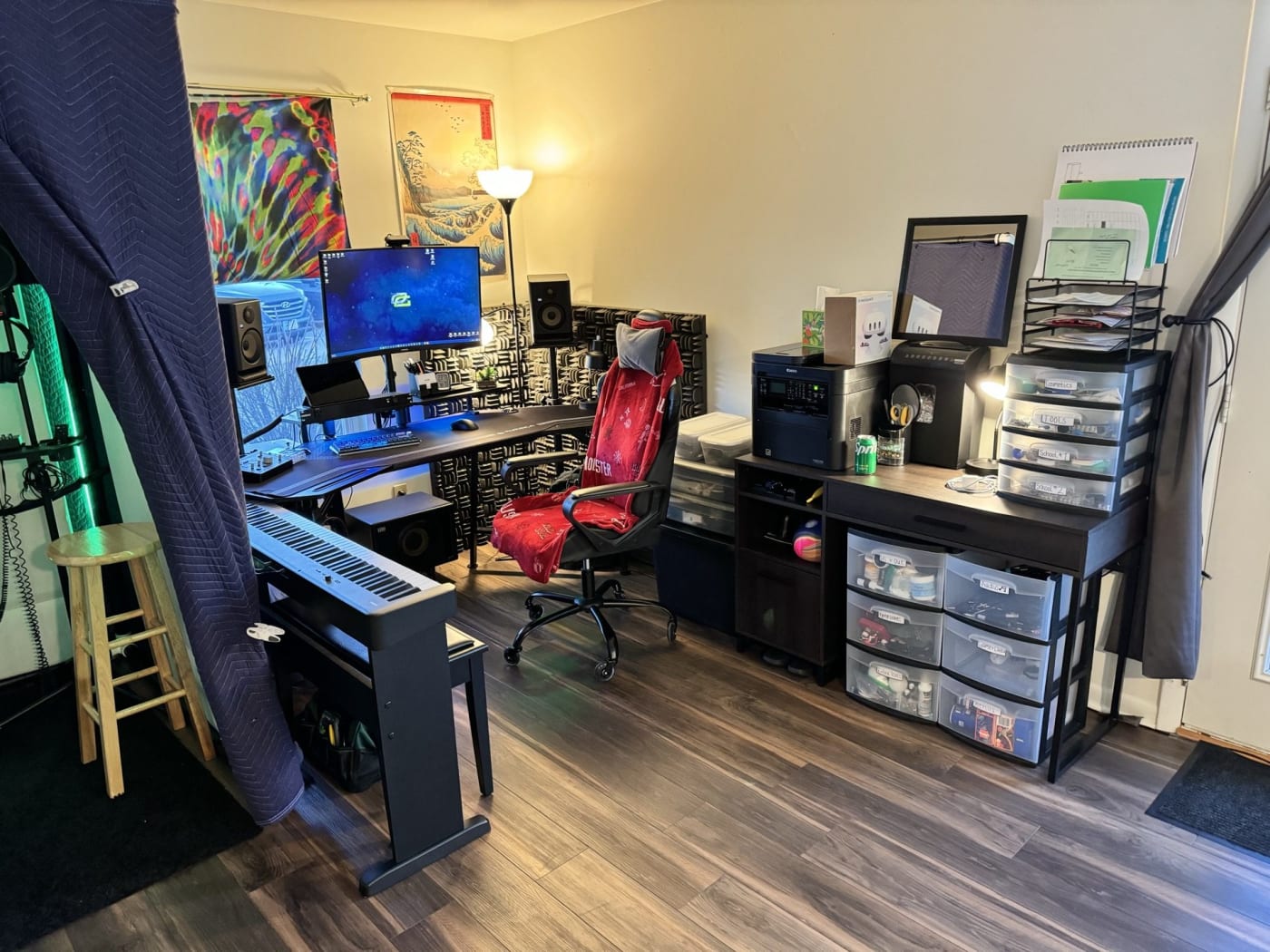 Justin's audio production setup &mdash; iMac, Pro Tools session, microphone, instruments