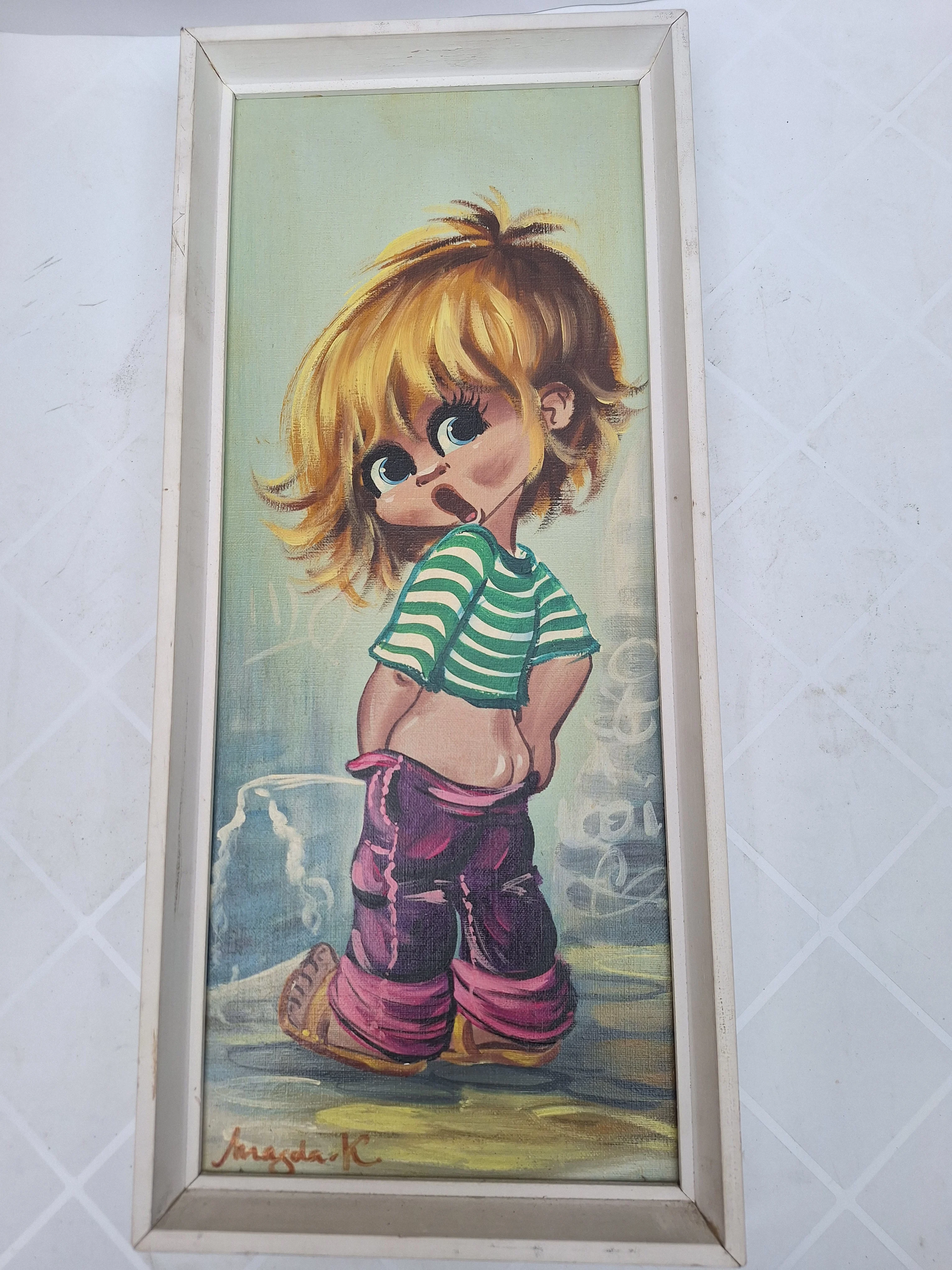 Quadro Vintage Anni '70 - 'Poulbot' stile Big Eyes, firmato Magda K.