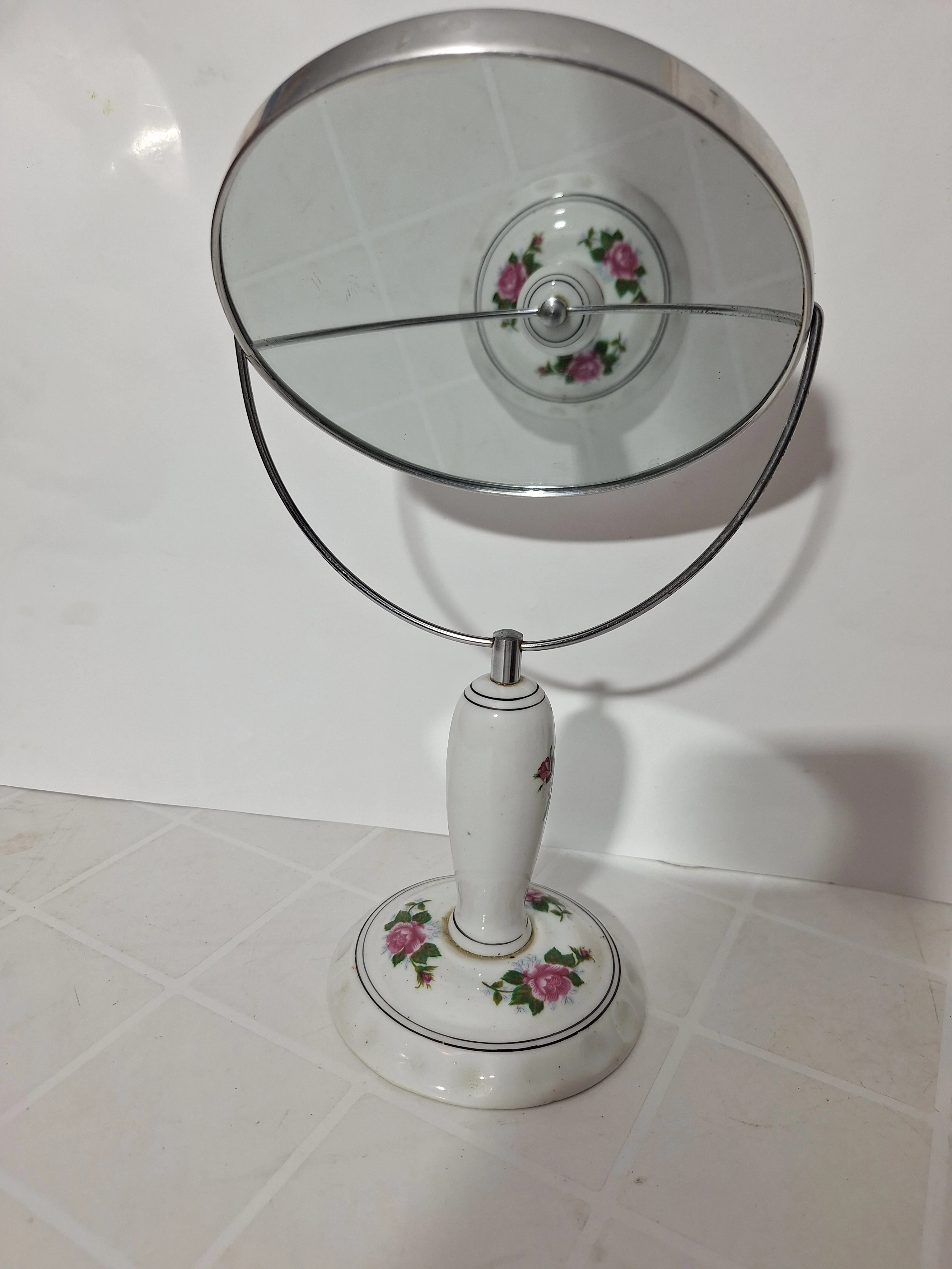 Specchio da Toeletta Vintage Girevole in Porcellana Decorata a Rose