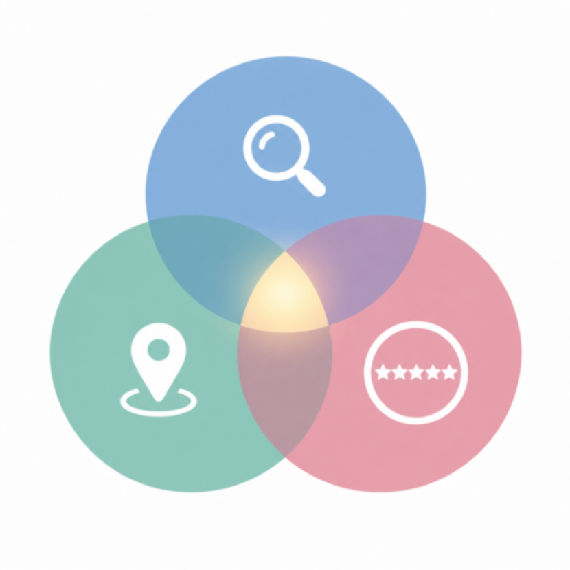 Three overlapping circles in a Venn diagram, each a different muted color (blue, teal, pink), with simple icons inside: a mag