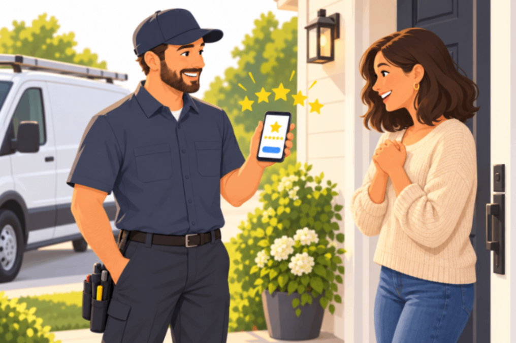 A business owner in a work shirt standing beside a service van, holding a phone out toward a smiling customer at their front 