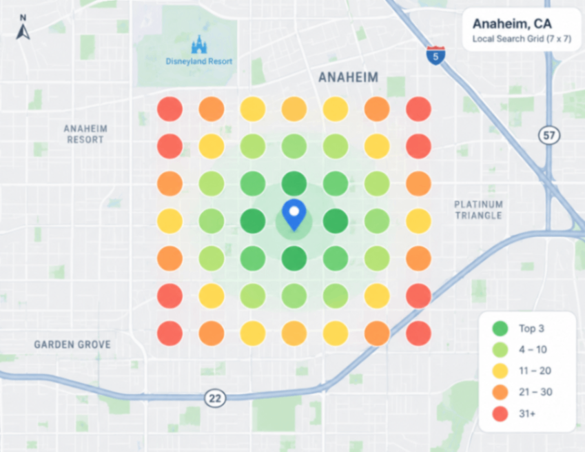 A top-down city street map with a 7 by 7 grid of colored circles laid over it, green circles clustered near the center fading