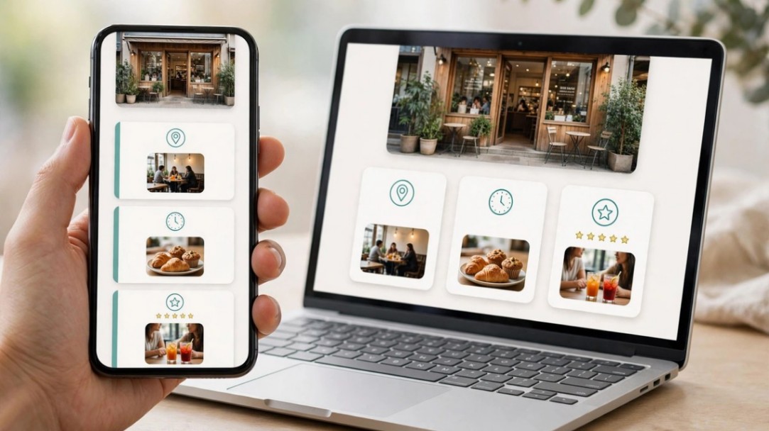 Responsive local business website shown on both a smartphone and a laptop